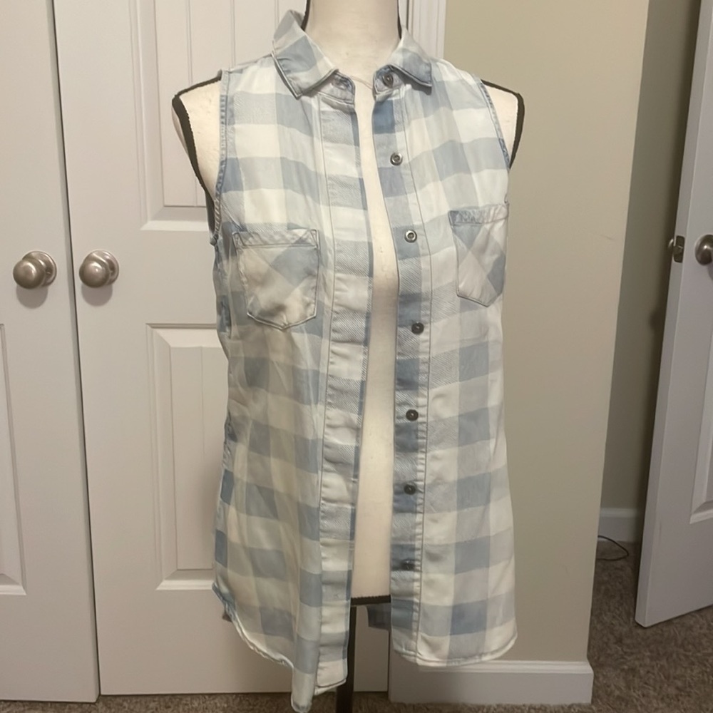 plaid denim button down open vest